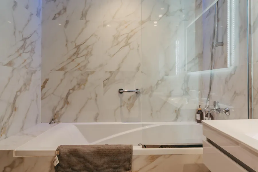 Jacuzzi bathtub in marble bathroom
