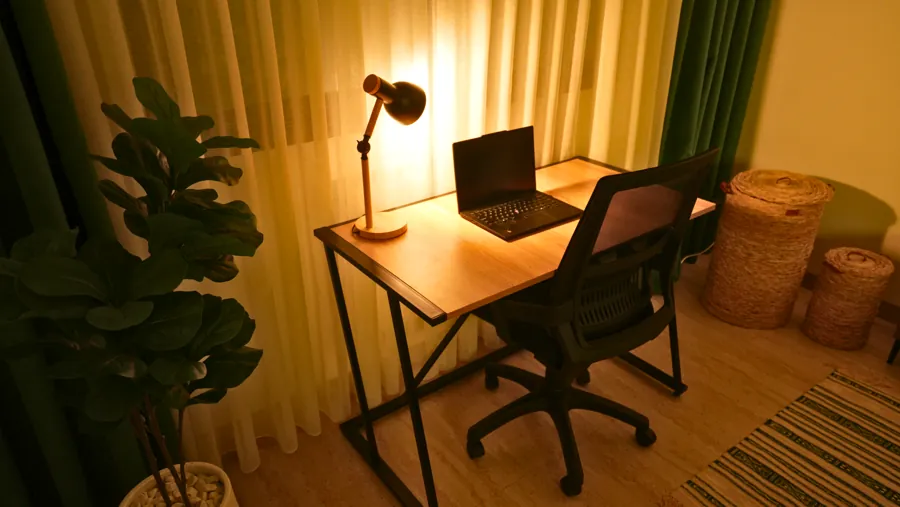 Bedroom workspace in the evening