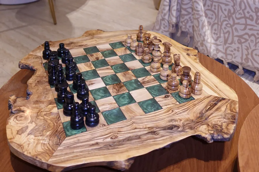 Olive-wood chess board with green squares