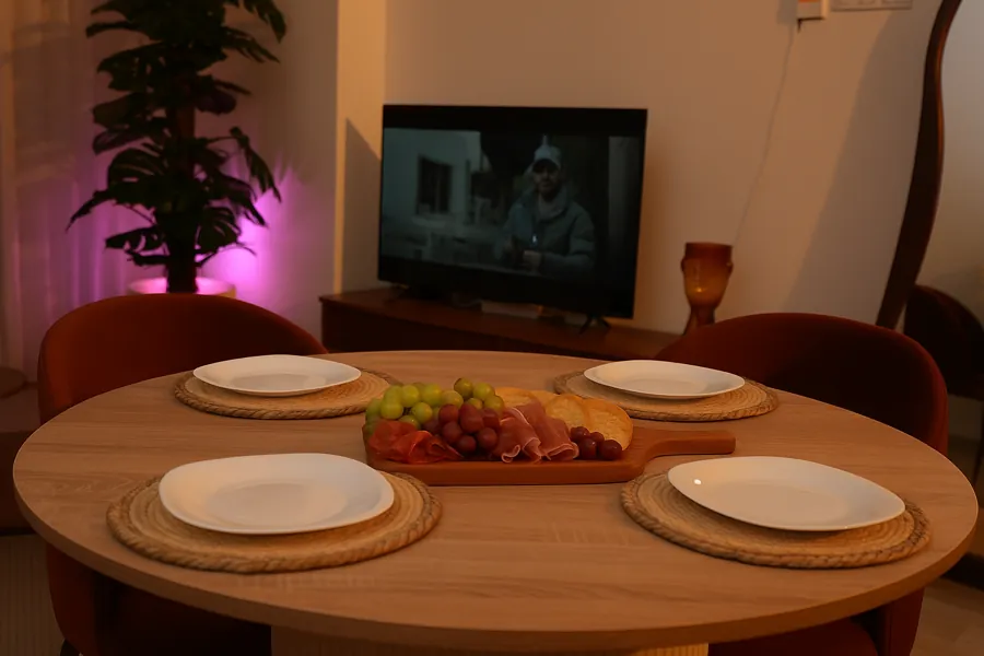 Round dining table set with plates and a fruit board